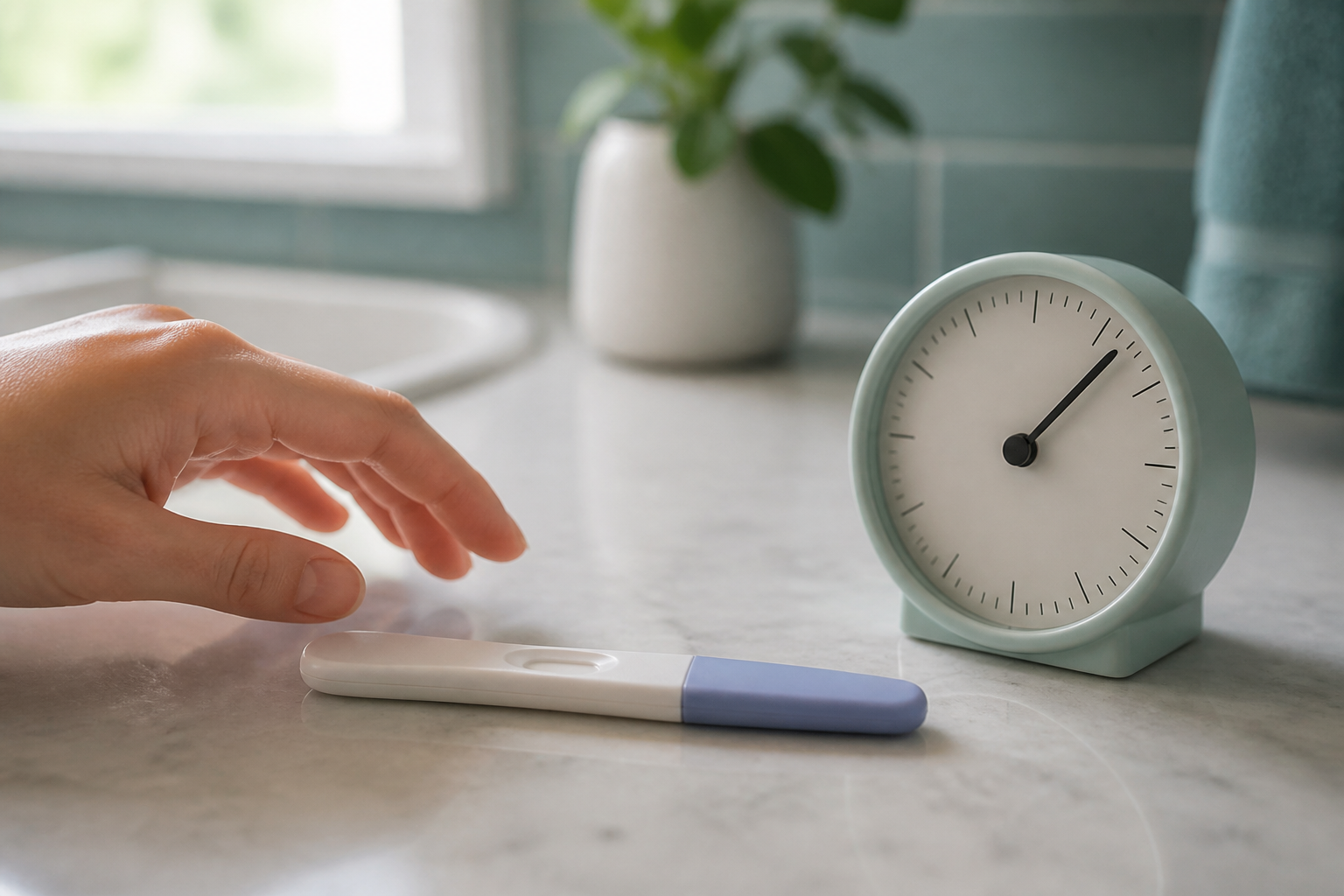 An unbranded pregnancy test lies beside a simple analog timer on a bathroom counter while a hand waits nearby.