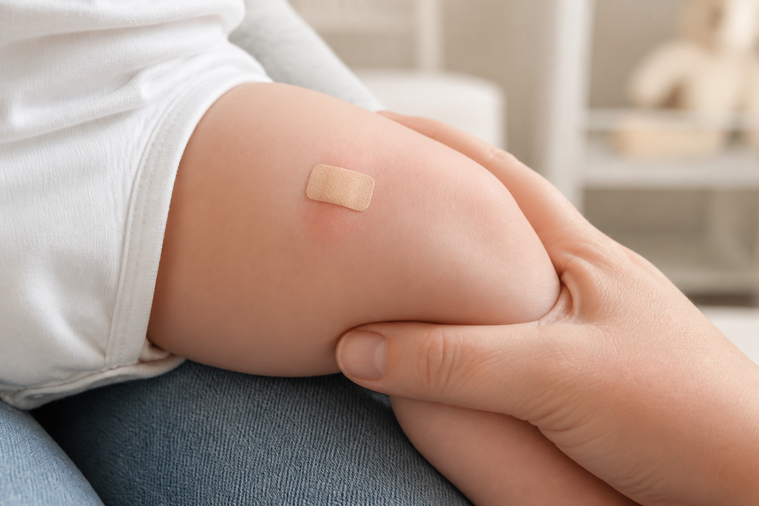 A caregiver supports a baby's leg with a small bandage and mild redness at the thigh injection site.