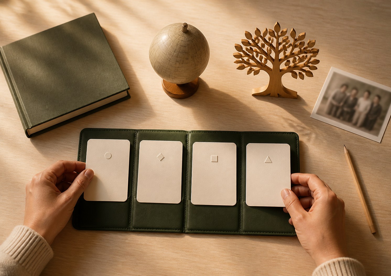 Hands arranging four blank research cards in a folio beside an unmarked book, globe and family keepsake.