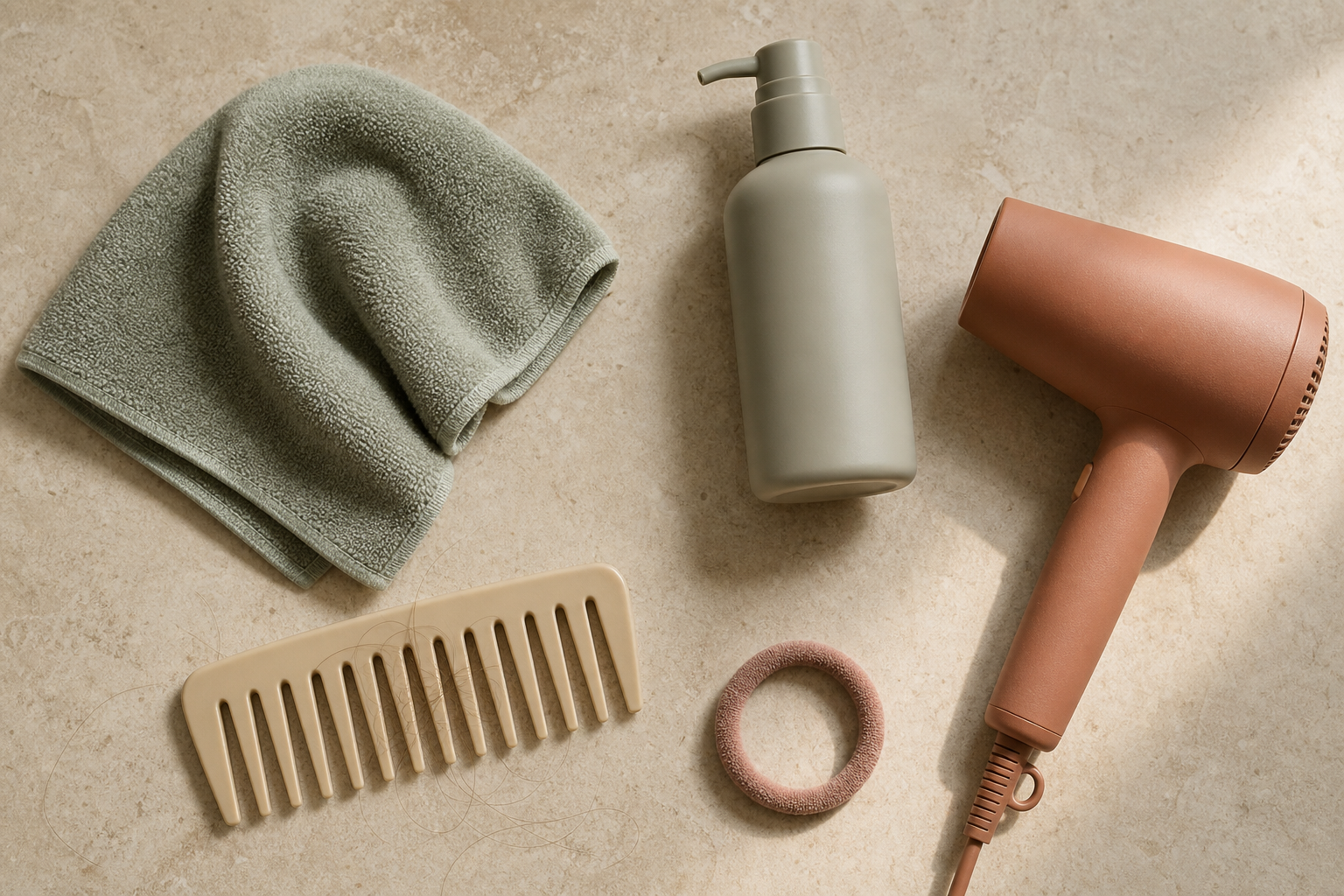 A wide-tooth comb, soft towel, fabric hair tie, plain pump bottle, and hair dryer are arranged on a stone counter for a gentle hair-care routine.