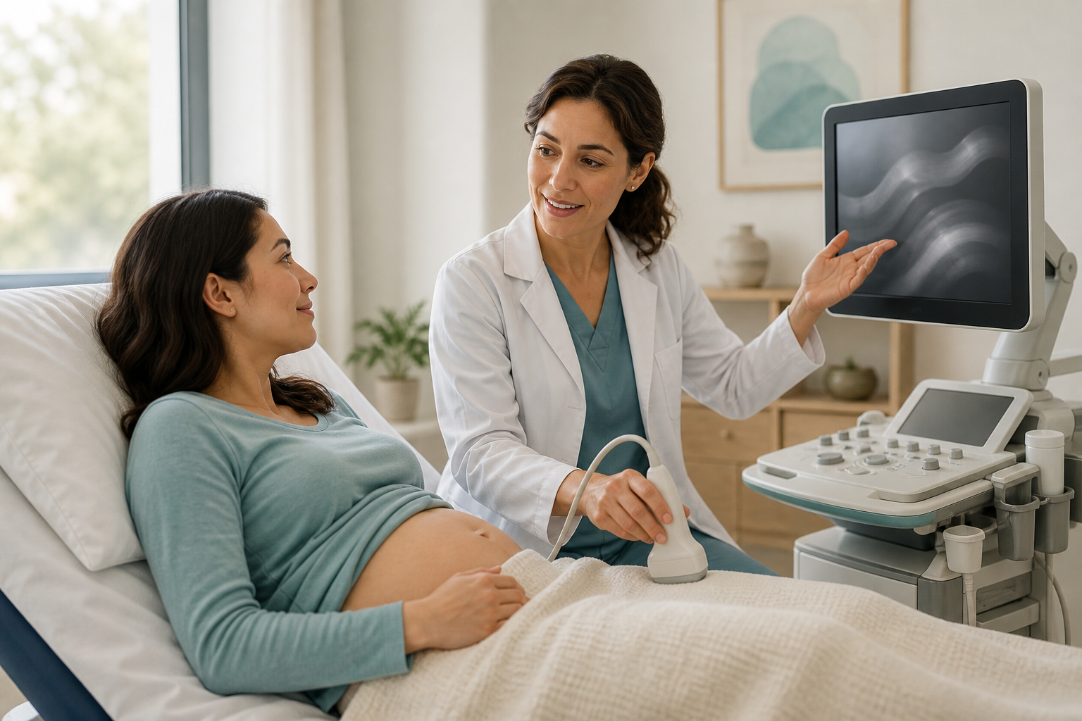 A clinician performs an abdominal ultrasound for a patient and gestures toward a monitor displaying indistinct grayscale shapes.