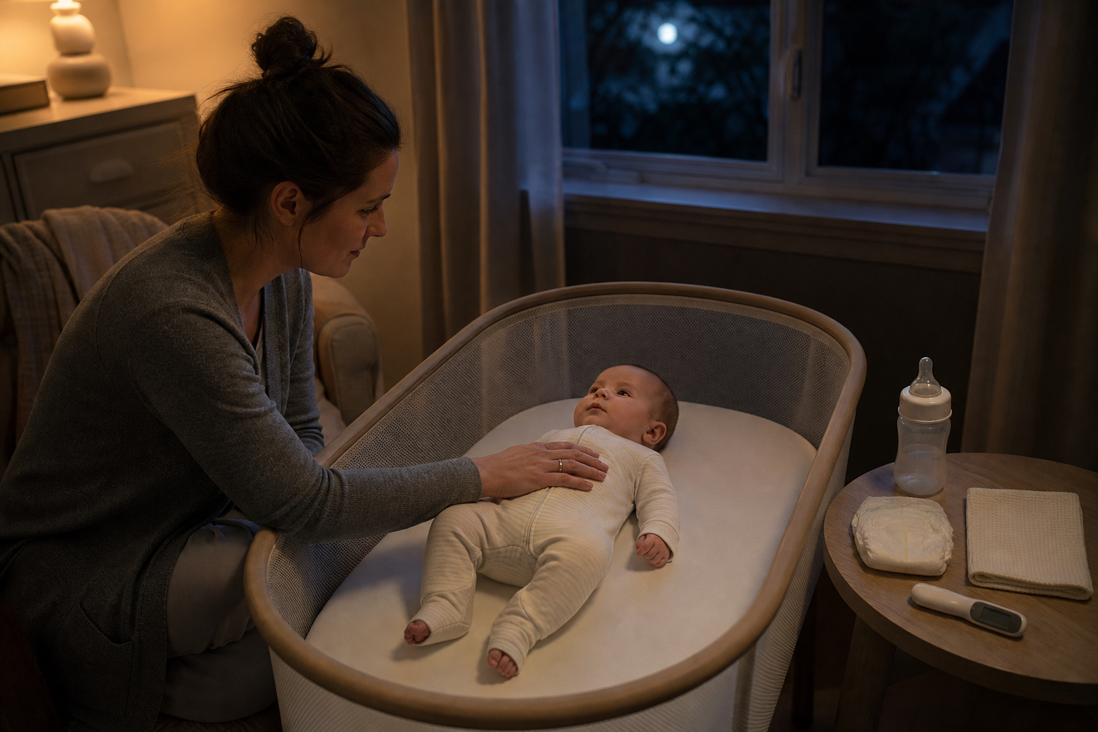 An awake caregiver checks a baby lying on their back in a bare bassinet, with a thermometer and feeding supplies nearby.