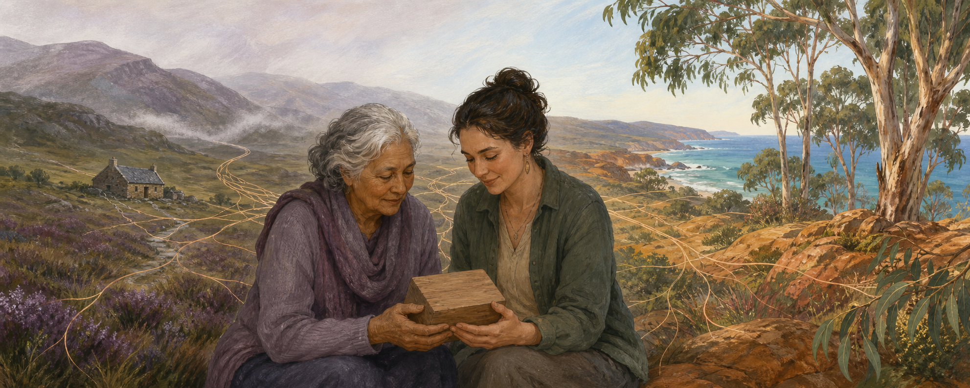 Illustrated landscape blending Scottish highlands and an Australian eucalyptus coast behind relatives holding an unmarked keepsake.