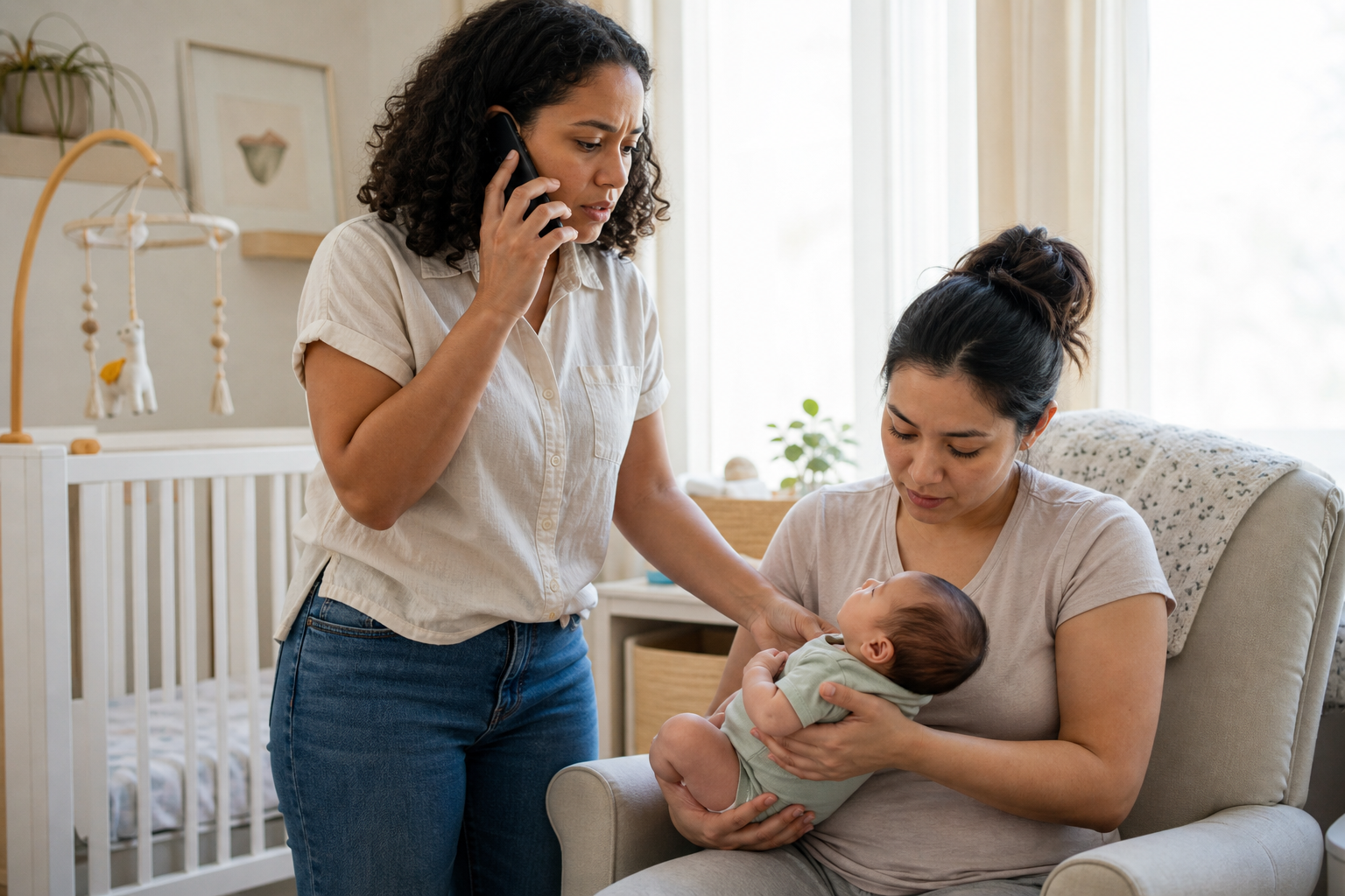 One caregiver calls for medical advice while another closely watches and supports their young baby.