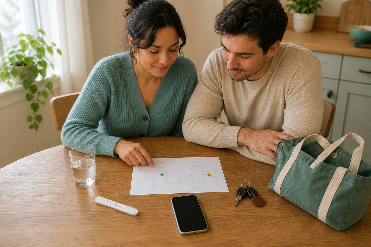 A woman and her partner sit at a kitchen table with a pregnancy test, phone, blank calendar, water, keys, and a small tote arranged in front of them.