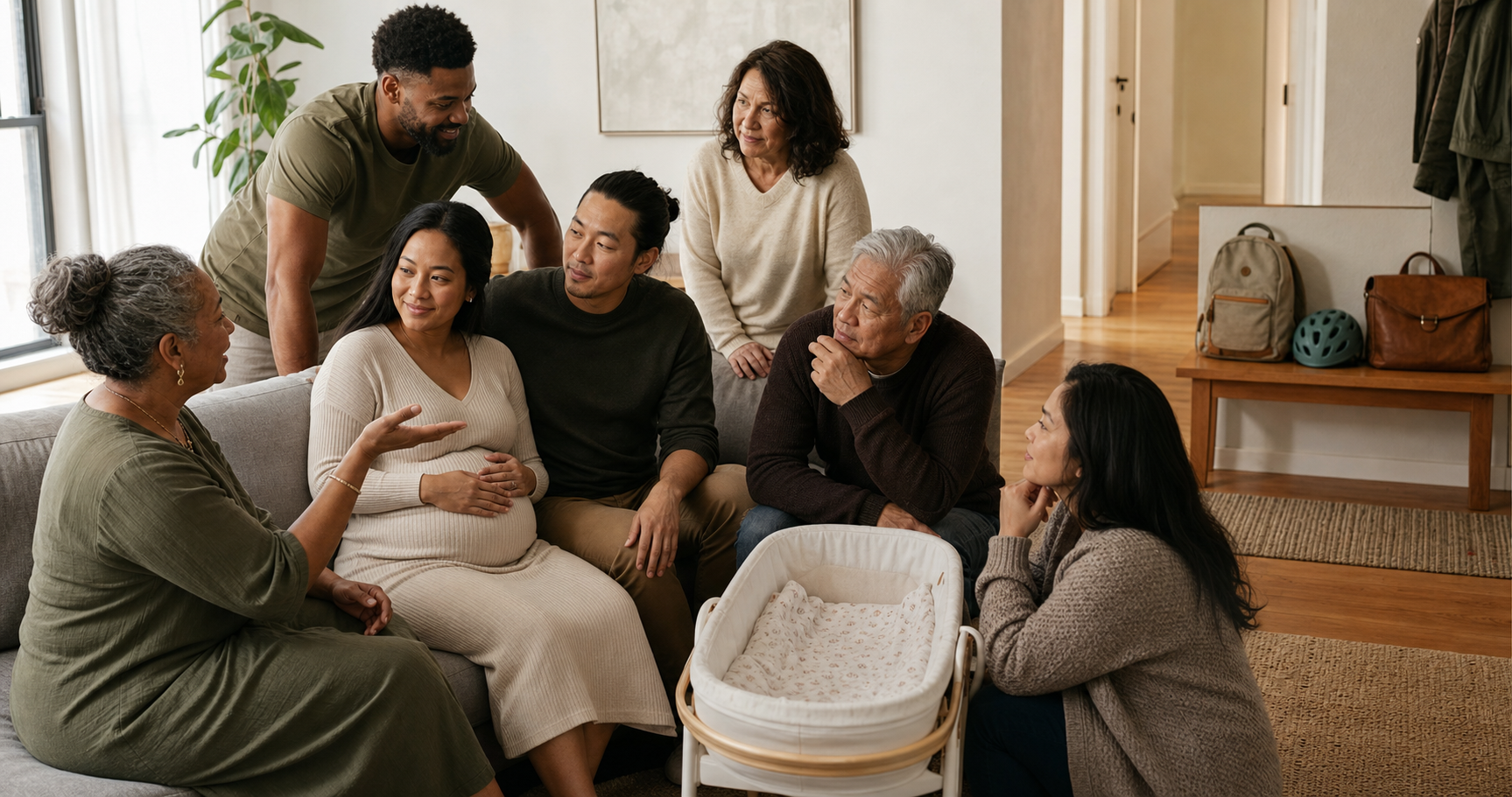 Extended family talking together near a bassinet, with everyday objects suggesting childhood and adult life in the background.
