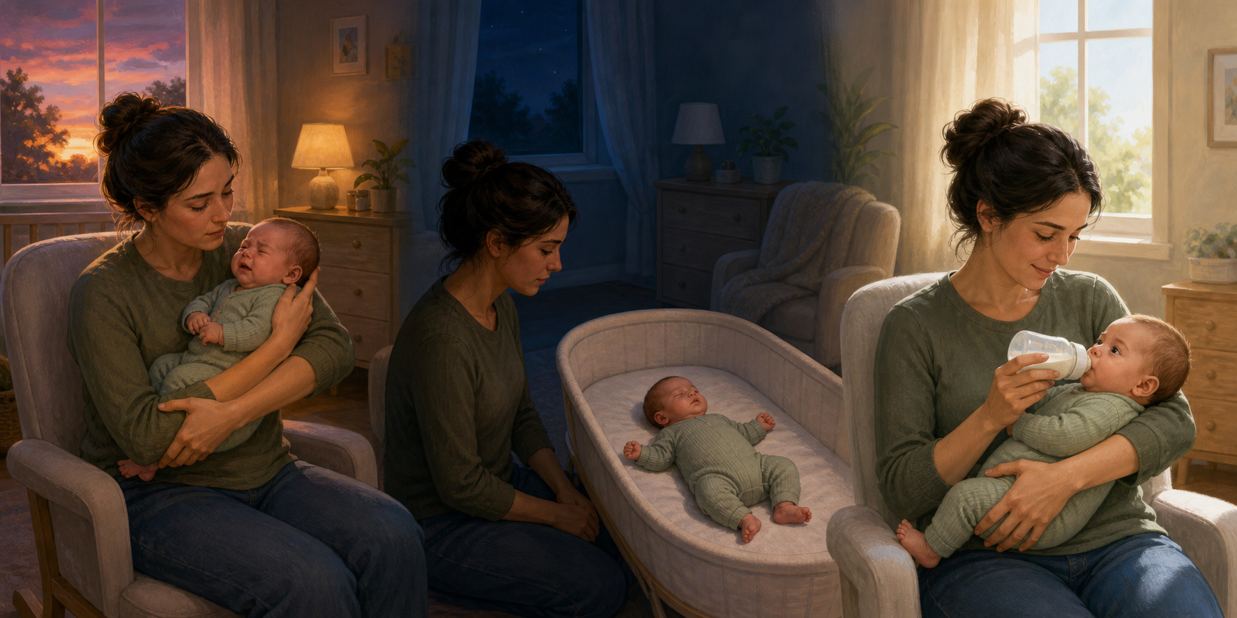 Three scenes show a caregiver comforting a fussy baby at dusk, observing the baby overnight, and feeding the more alert baby in the morning.