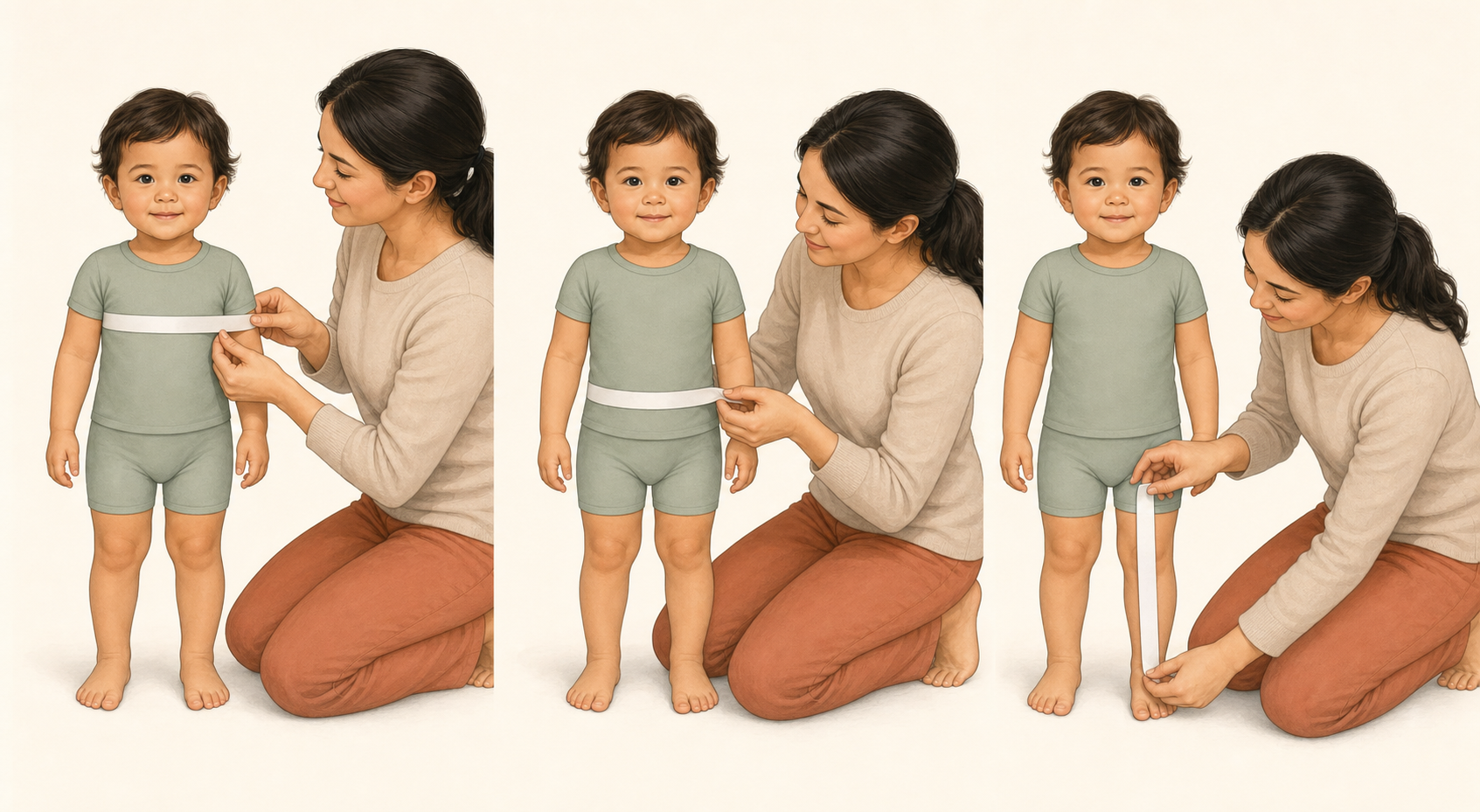 Three illustrations show a caregiver measuring a toddler's chest, natural waist, and inside leg.
