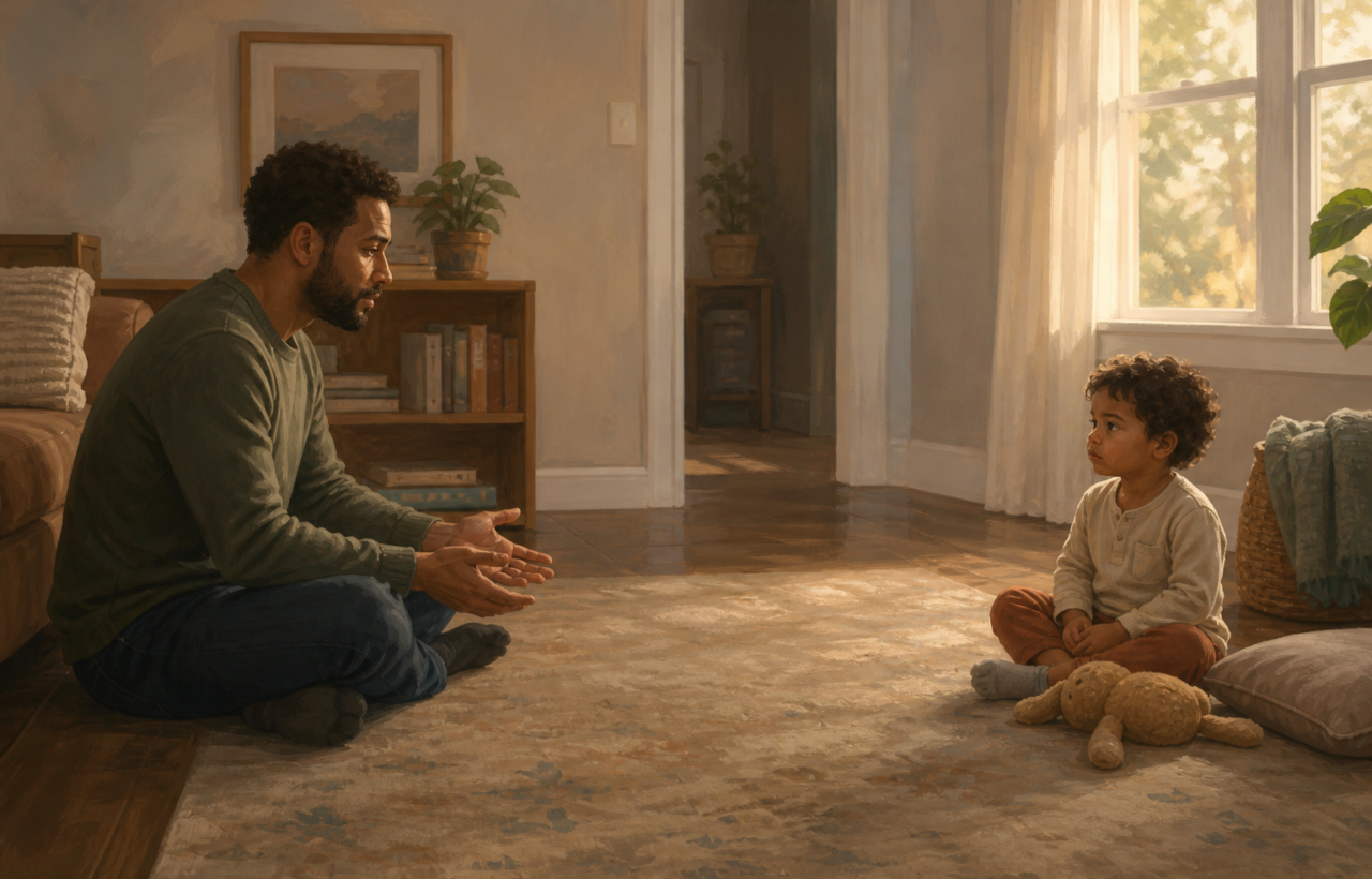 A parent sits calmly at a toddler's eye level with open space between them as the child holds a soft toy.