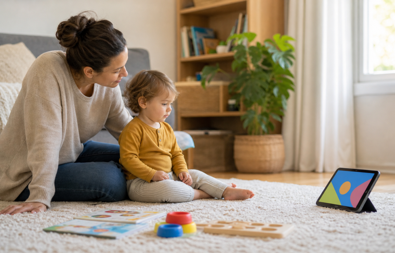 A parent sits beside a toddler watching abstract colorful shapes on a tablet in a living room with books and toys nearby.
