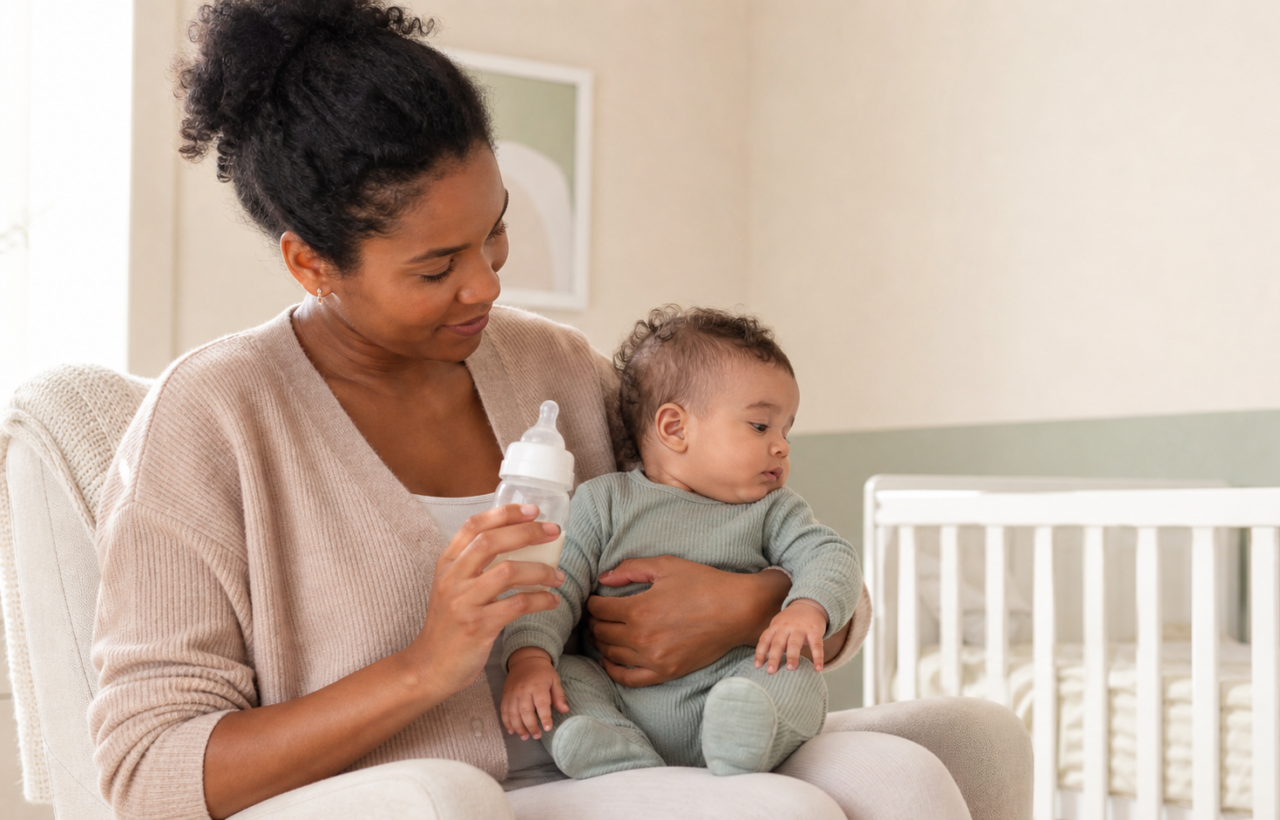 A parent calmly holds an alert baby upright and offers a bottle as the baby turns their face away.