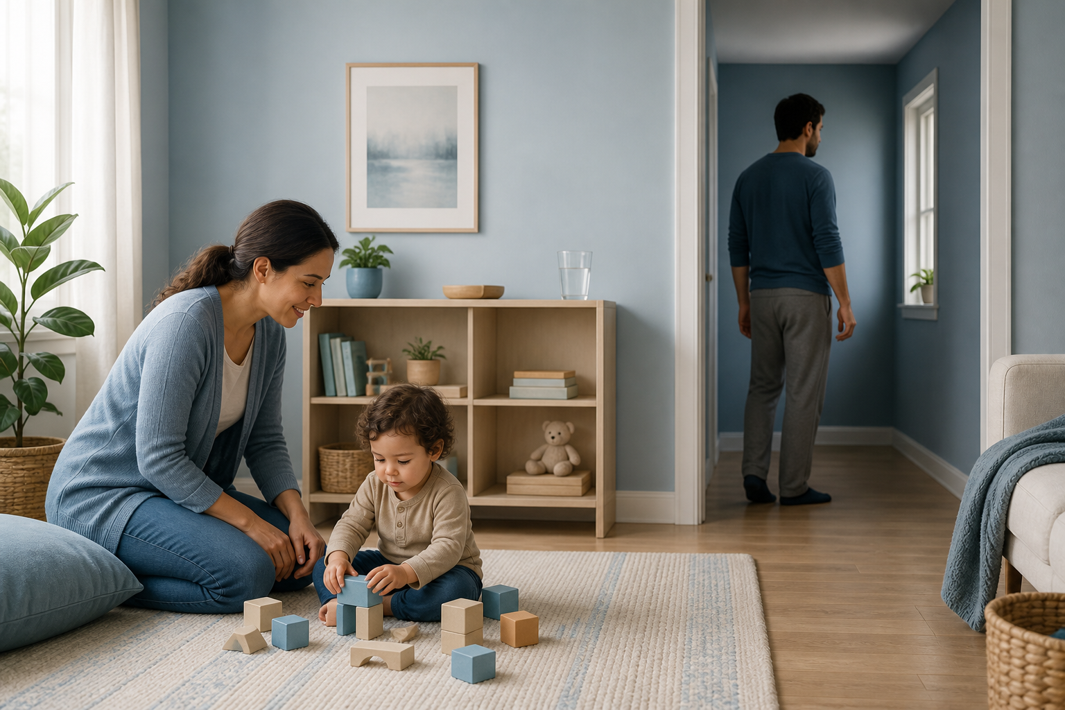 A trusted caregiver stays with a toddler in a safe play area while an overwhelmed parent steps into a nearby hallway to calm down.