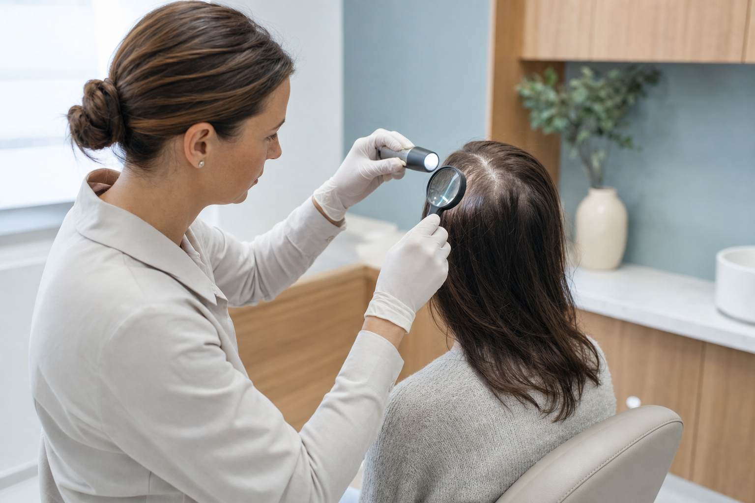 A clinician uses a lighted magnifying instrument to examine the scalp of a seated postpartum adult in a bright medical office.