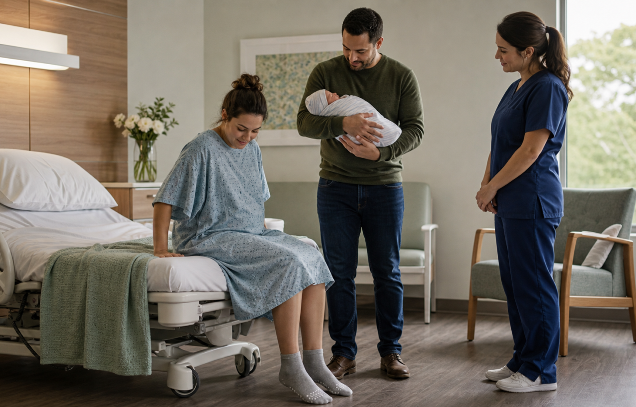 A mother sits carefully on the edge of a hospital bed while her partner holds their swaddled newborn and a nurse stands nearby.
