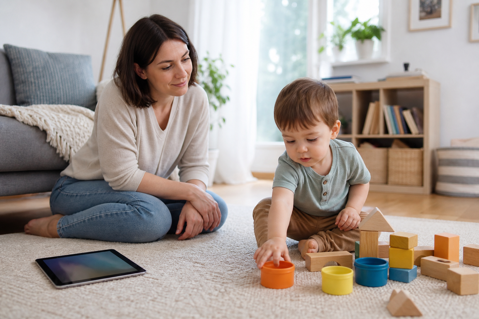 A caregiver observes a toddler reaching for blocks after a tablet viewing session in a bright living room.