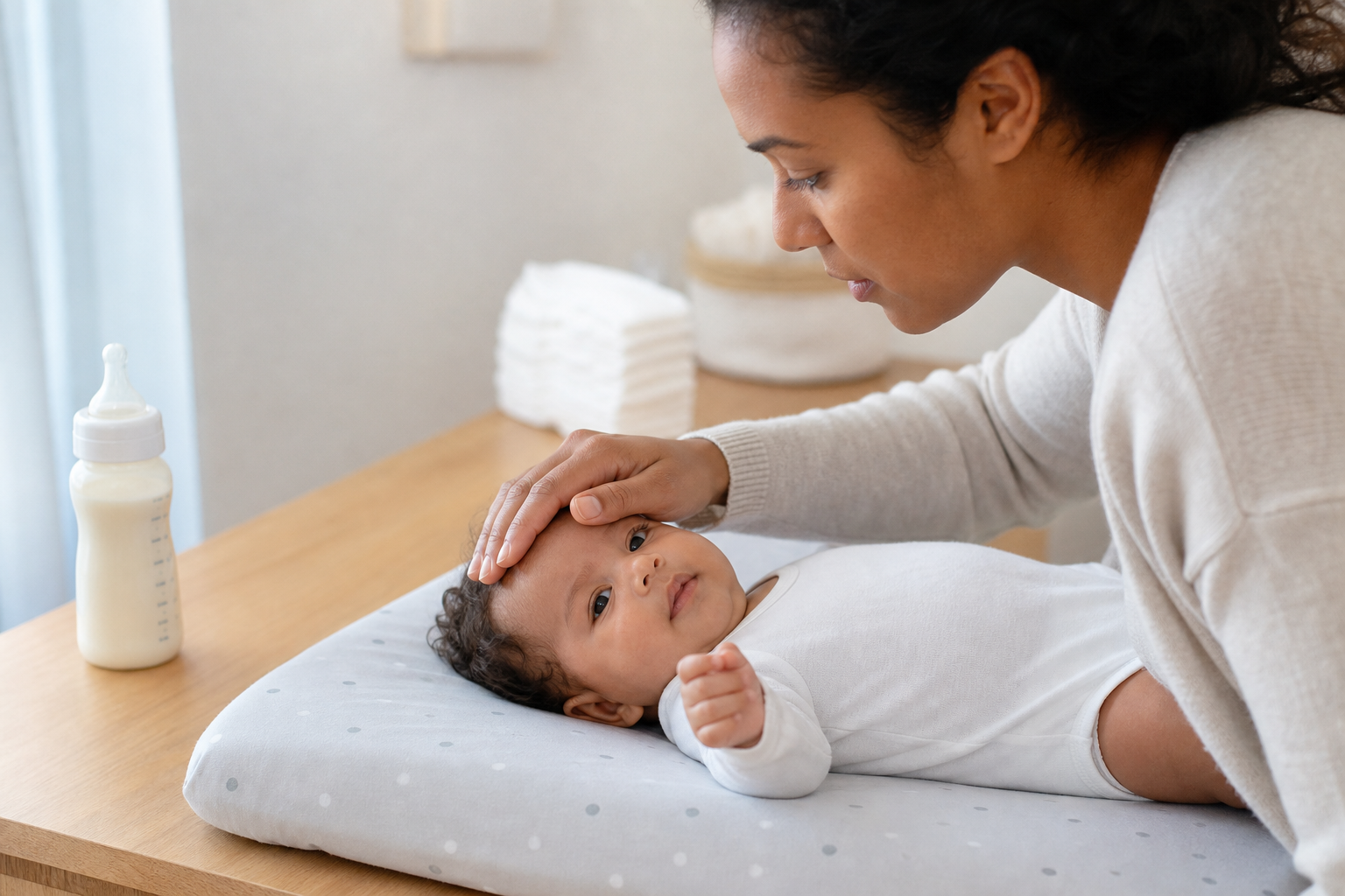A caregiver observes a baby on a changing surface, with an untouched bottle and clean diapers nearby.