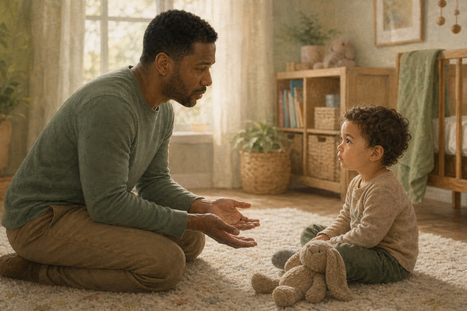 A parent kneels with open hands and speaks calmly to a seated toddler without asking for physical affection.