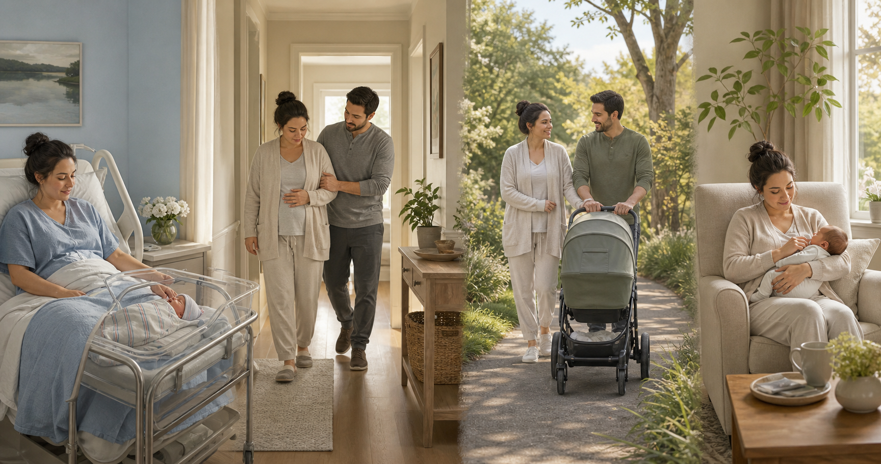 Four connected scenes show a mother progressing from hospital rest to supported walking, a short outdoor walk, and seated newborn care.
