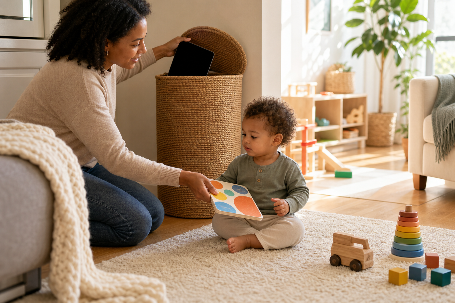 A parent puts away a dark tablet while offering a picture book to a toddler beside a sunlit play area.