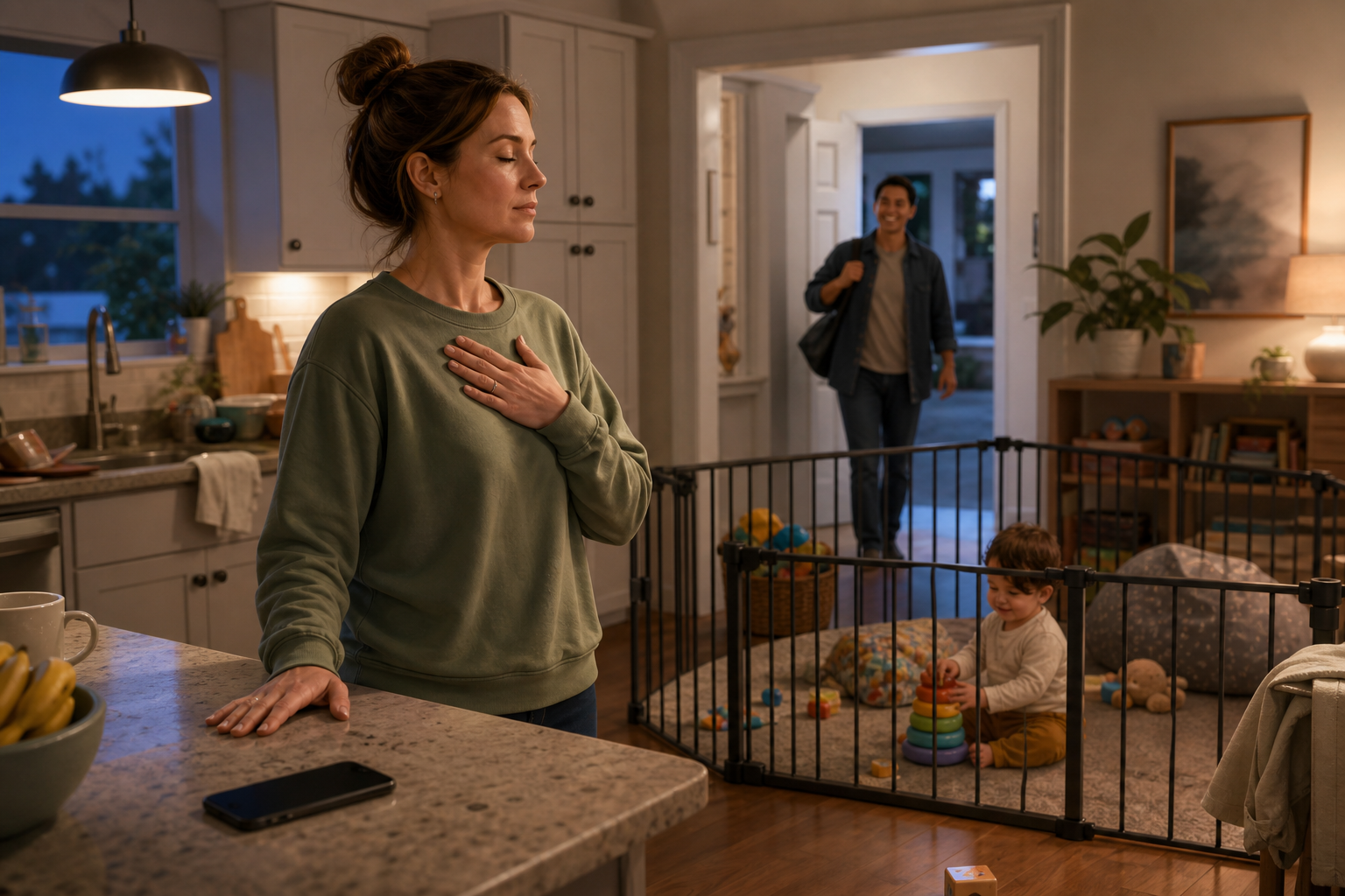 A parent pauses to regulate in the kitchen while a toddler plays in a gated safe area and another adult approaches to help.