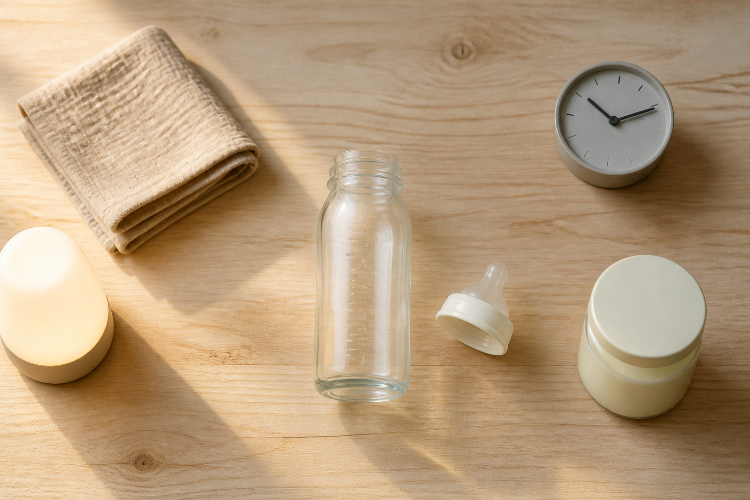 A plain baby bottle, nipple, milk container, burp cloth, lamp, and clock are arranged on a wooden surface.