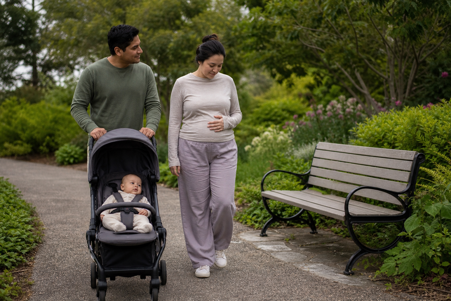 A mother pauses beside a bench during a short walk while her partner stands nearby with their baby in a stroller.