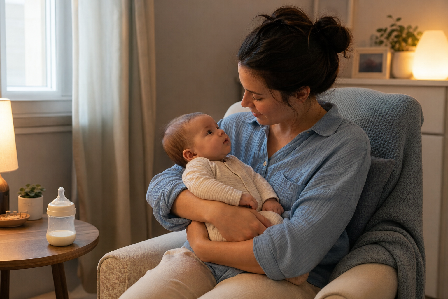 A caregiver cuddles an alert baby in a quiet room while a bottle rests on a nearby table.