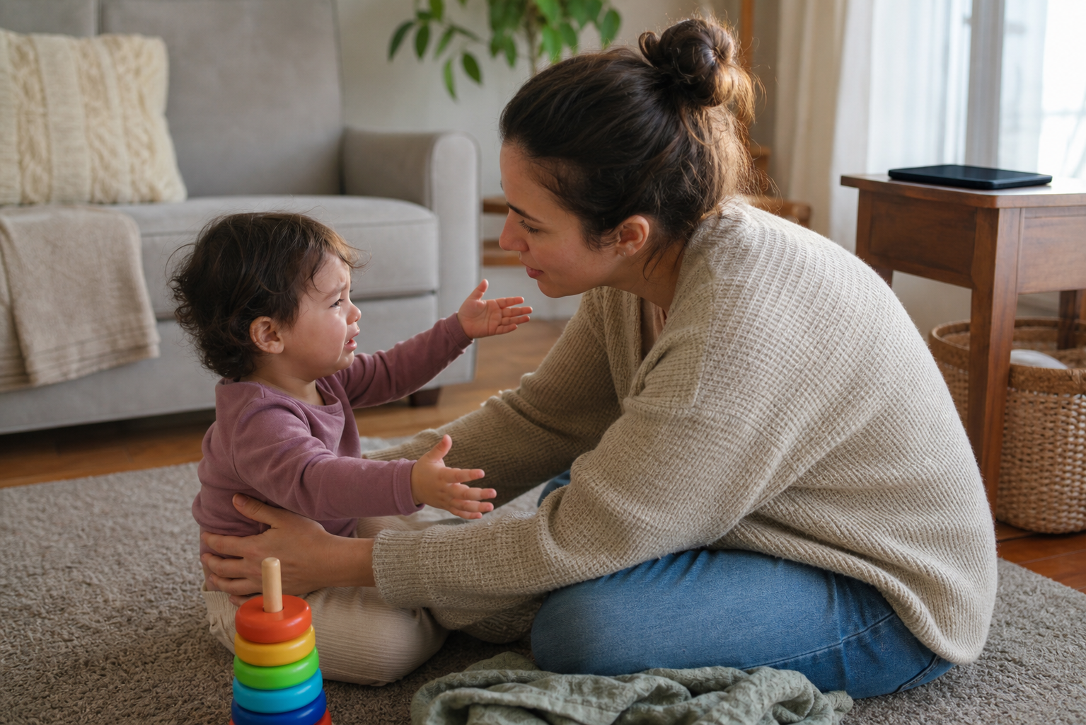 A caregiver crouches to comfort an upset toddler while a tablet rests face down out of reach.