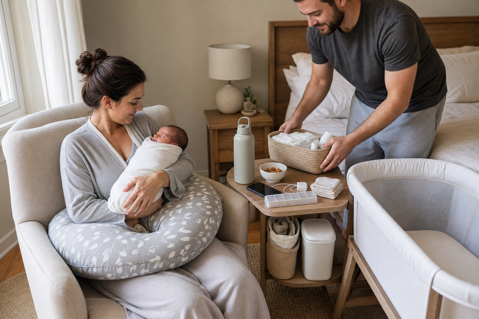 A seated mother holds her newborn beside a recovery station with water, snacks, baby supplies, a phone charger, and a nearby bassinet.