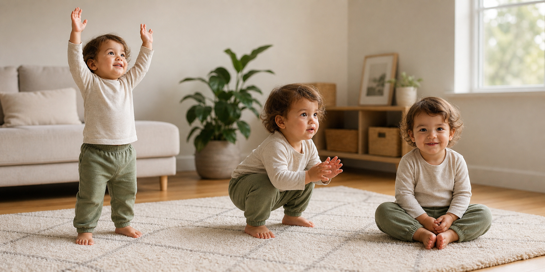 A toddler reaches overhead, squats, and sits cross-legged while wearing a comfortable top and elastic-waist pants.