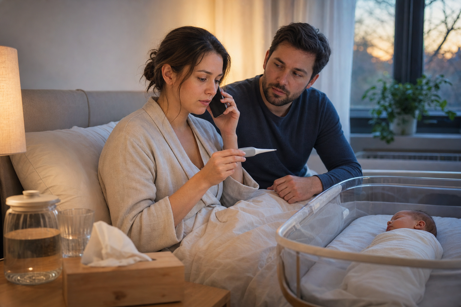 A concerned mother holds a thermometer and speaks on the phone while her newborn sleeps in a bedside bassinet and her partner stays nearby.