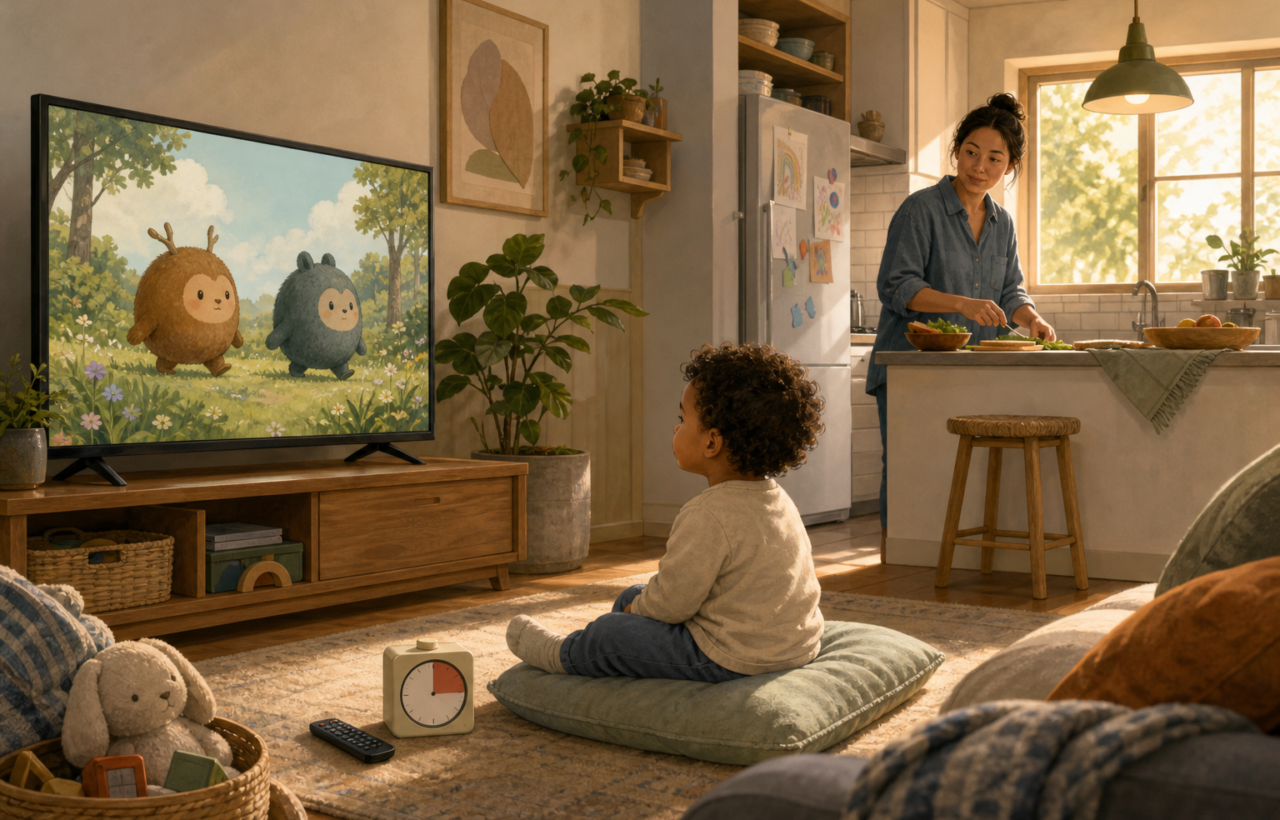 A toddler calmly watches an invented woodland animation while a caregiver prepares food in a nearby kitchen, with a remote and visual timer set beside them.