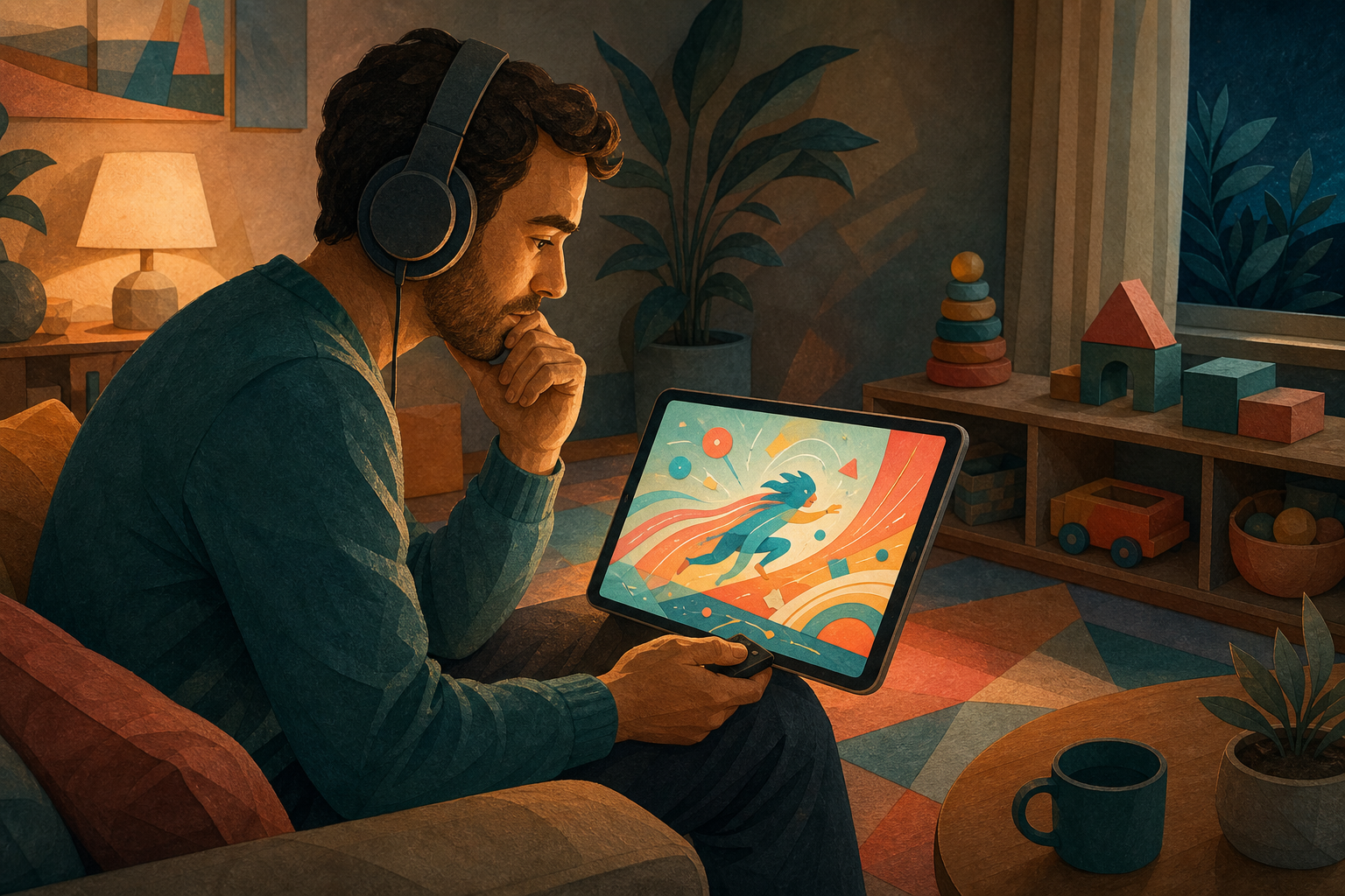 An adult previews an original children's animation on a tablet while observing its bright colors, movement, and musical activity before showing it to a toddler.