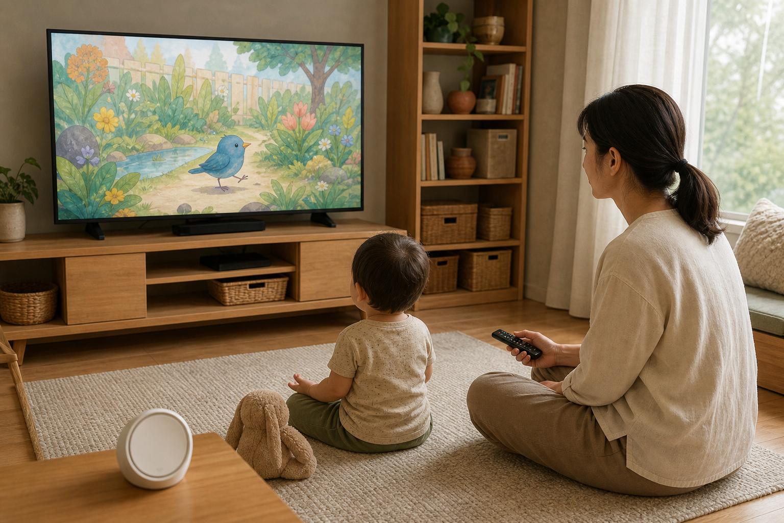 A caregiver sits near a relaxed toddler during a single episode of an invented garden animation, with a remote and simple timer at hand.