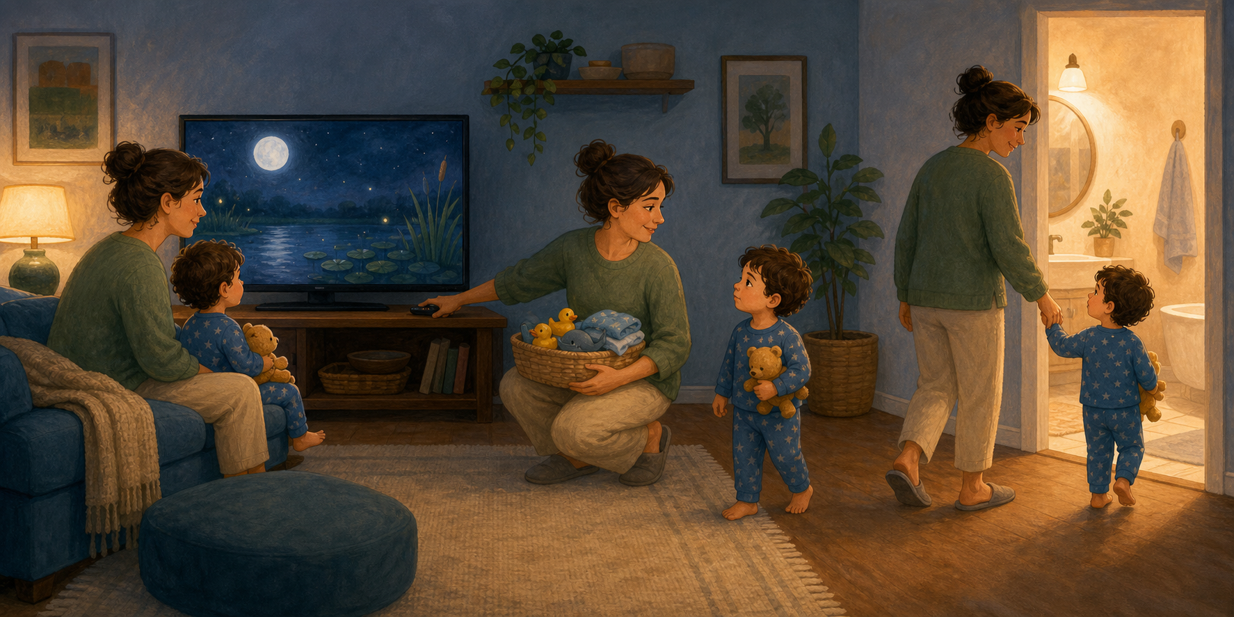 A caregiver turns off a toddler's program and guides the child from the darkened television toward a prepared bath-time routine.