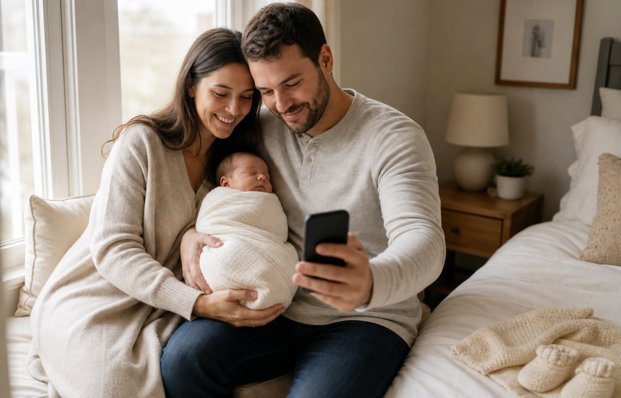 Two parents sit by a bedroom window and cradle a sleeping newborn while holding a smartphone.
