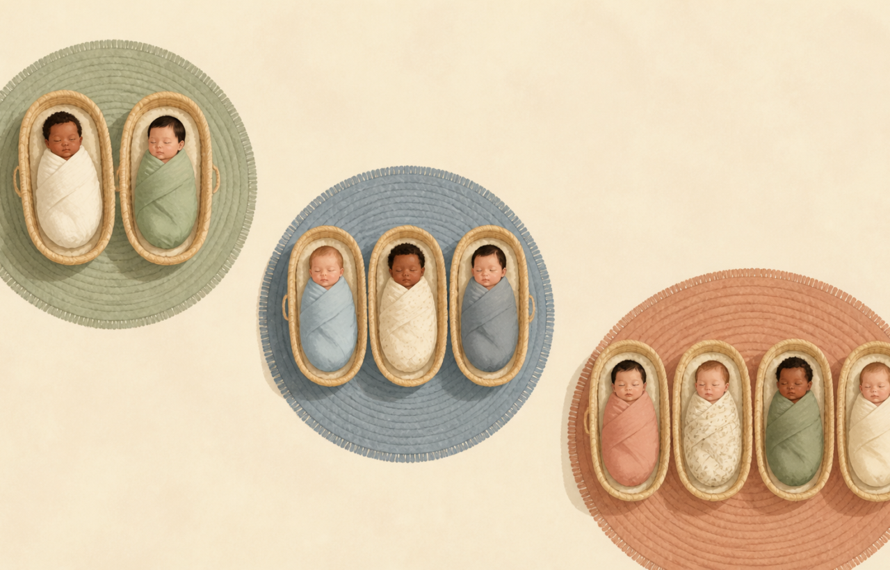 Overhead illustration of separate nursery groups containing two, three and four swaddled newborns in individual bassinets.
