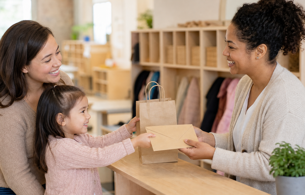A parent and young child give a small gift bag and sealed envelope to an educator in a daycare entry area.