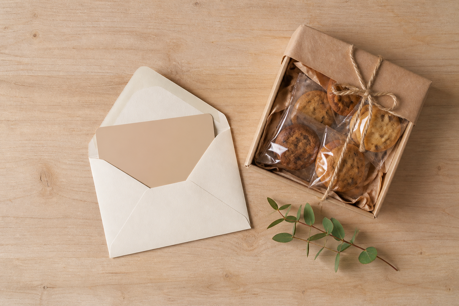A plain gift card, blank envelope, and small wrapped box of treats arranged on a light wood surface.