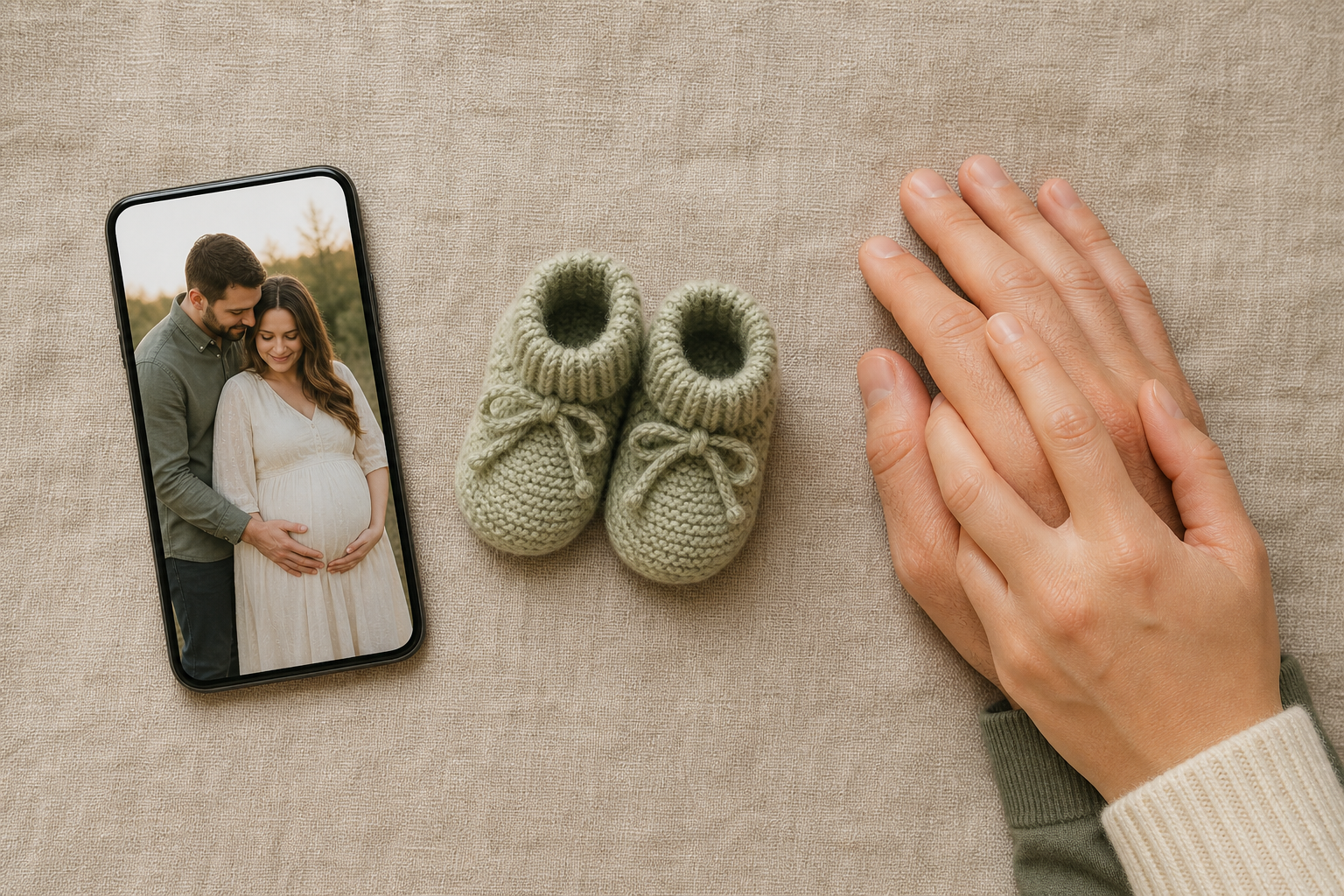 A smartphone with a family photo, knitted baby booties, and two joined adult hands are arranged on a linen surface.
