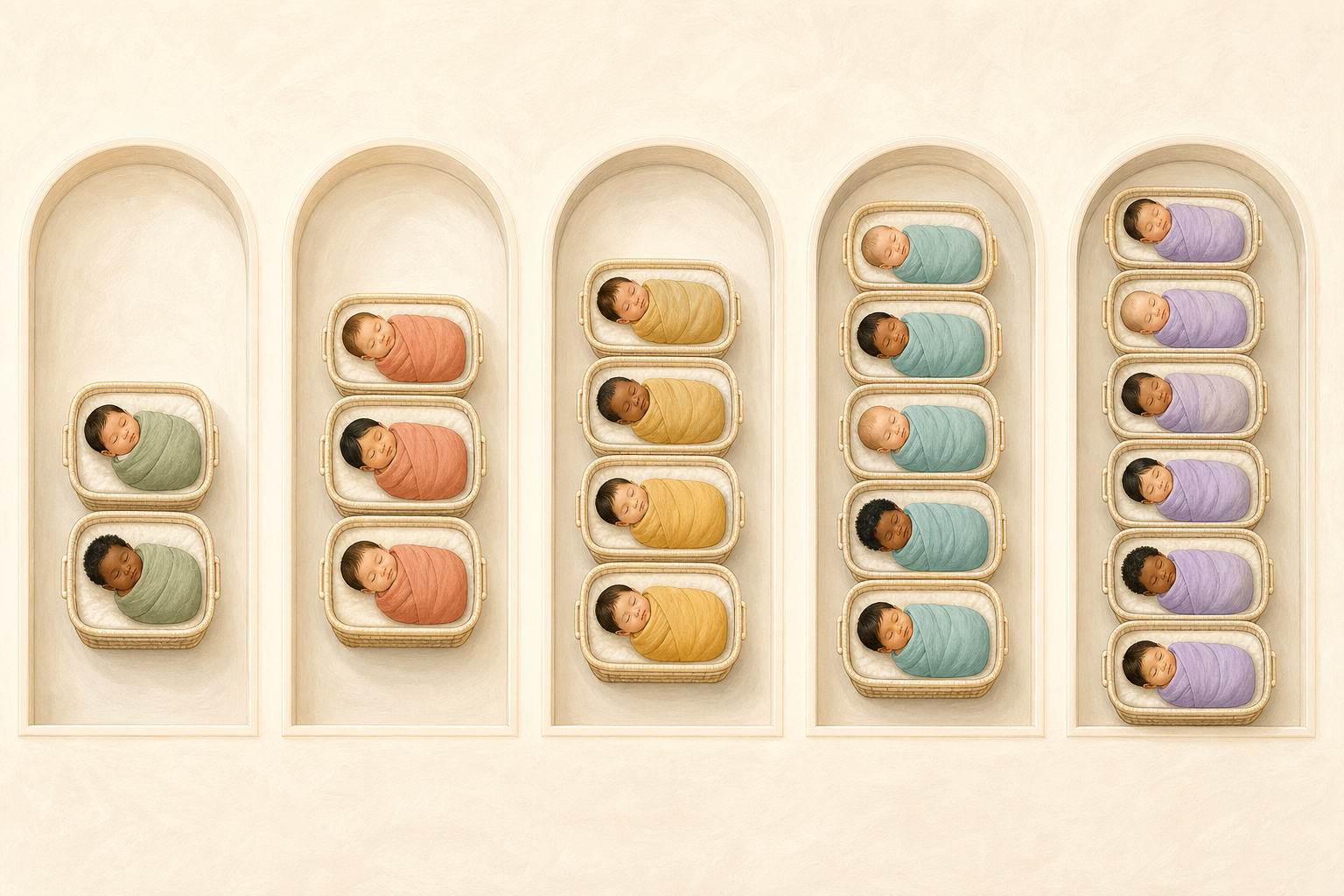 Illustration of five separate nursery groups containing two, three, four, five and six swaddled newborns.