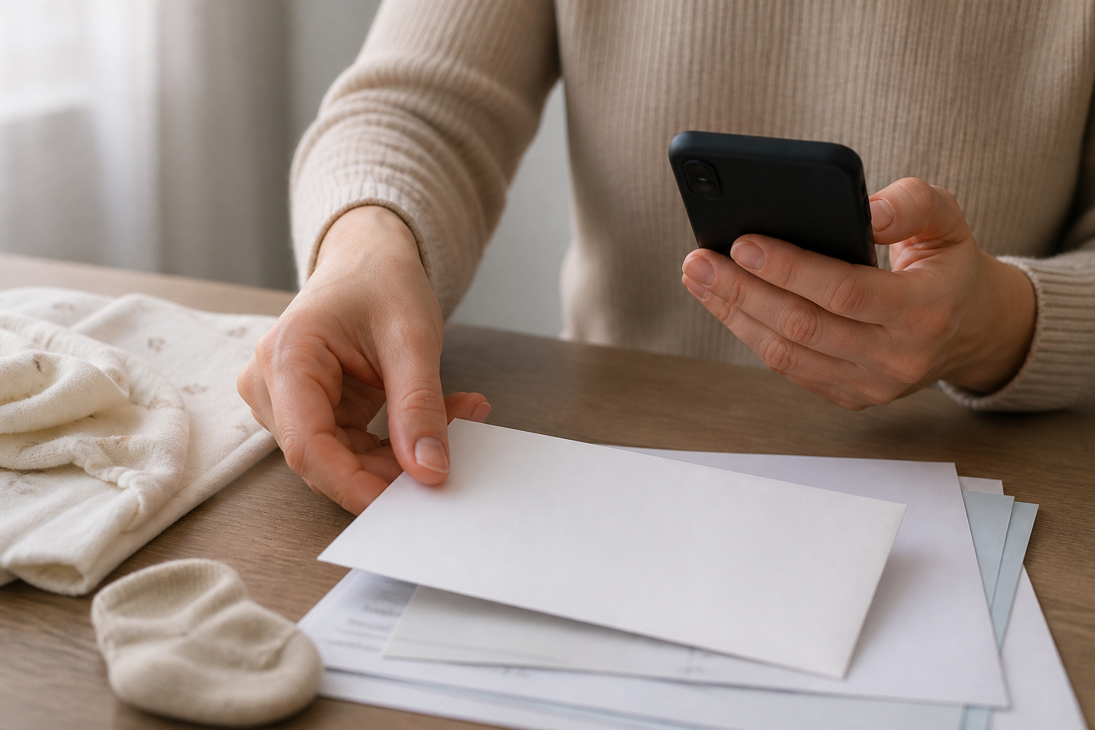 A parent holds a smartphone and covers personal documents with an envelope beside a baby blanket and tiny sock.