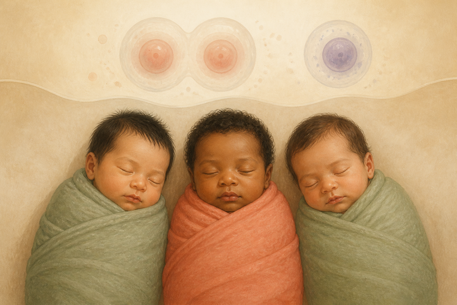 Conceptual illustration of three swaddled newborns with abstract dividing-cell and separate-cell motifs in the background.