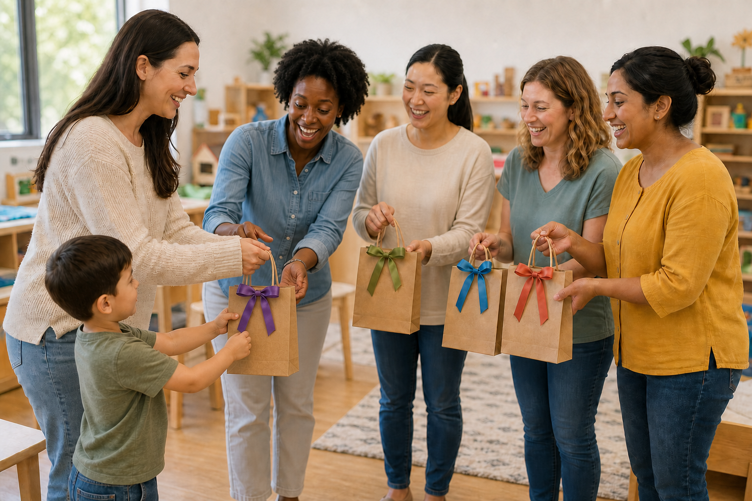 A parent and child give matching small gift bags to four educators gathered in a daycare classroom.