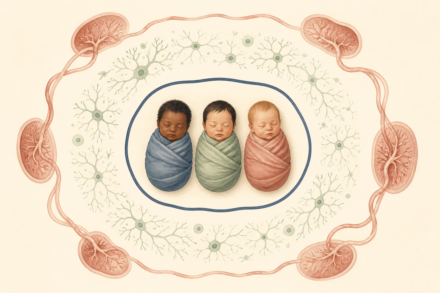 Illustration of three newborn figures surrounded by separate grouping, cell-division and pregnancy-anatomy motifs.