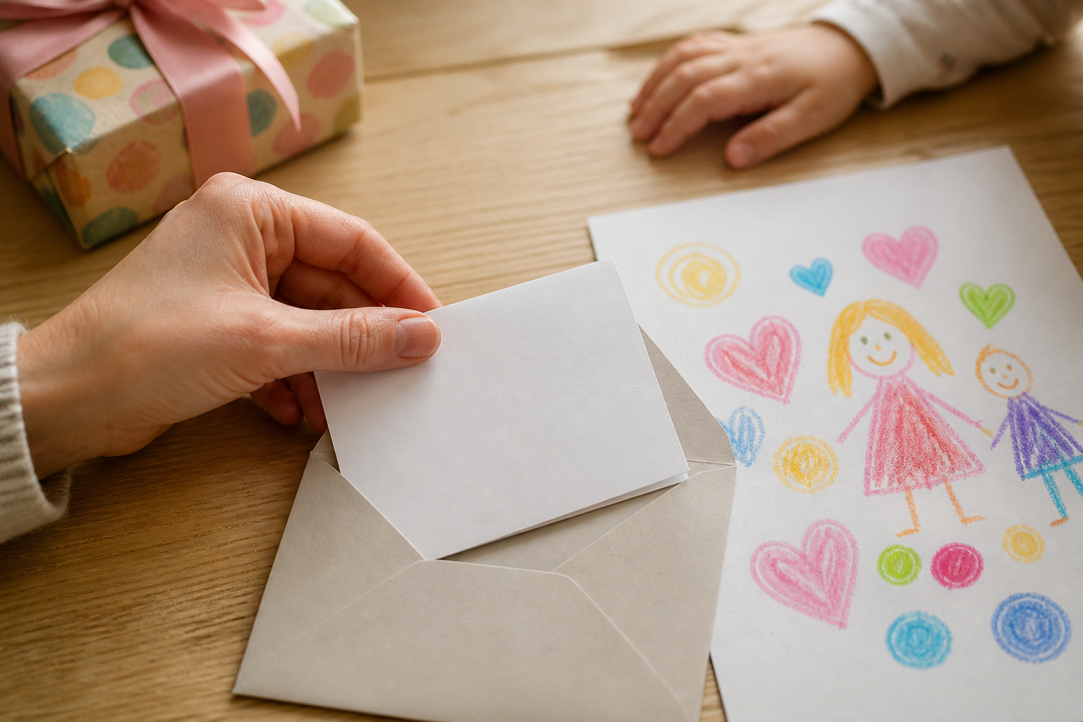 An adult places a blank folded card into an envelope beside a child's colorful crayon drawing and a small wrapped gift.