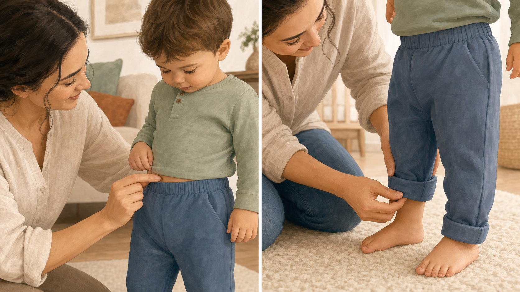 Two illustrations show a caregiver checking room at a toddler's waistband and folding a trouser cuff above the foot.