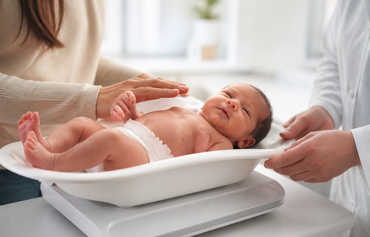 A newborn in a diaper lies on an infant scale while a caregiver and clinician keep protective hands nearby.