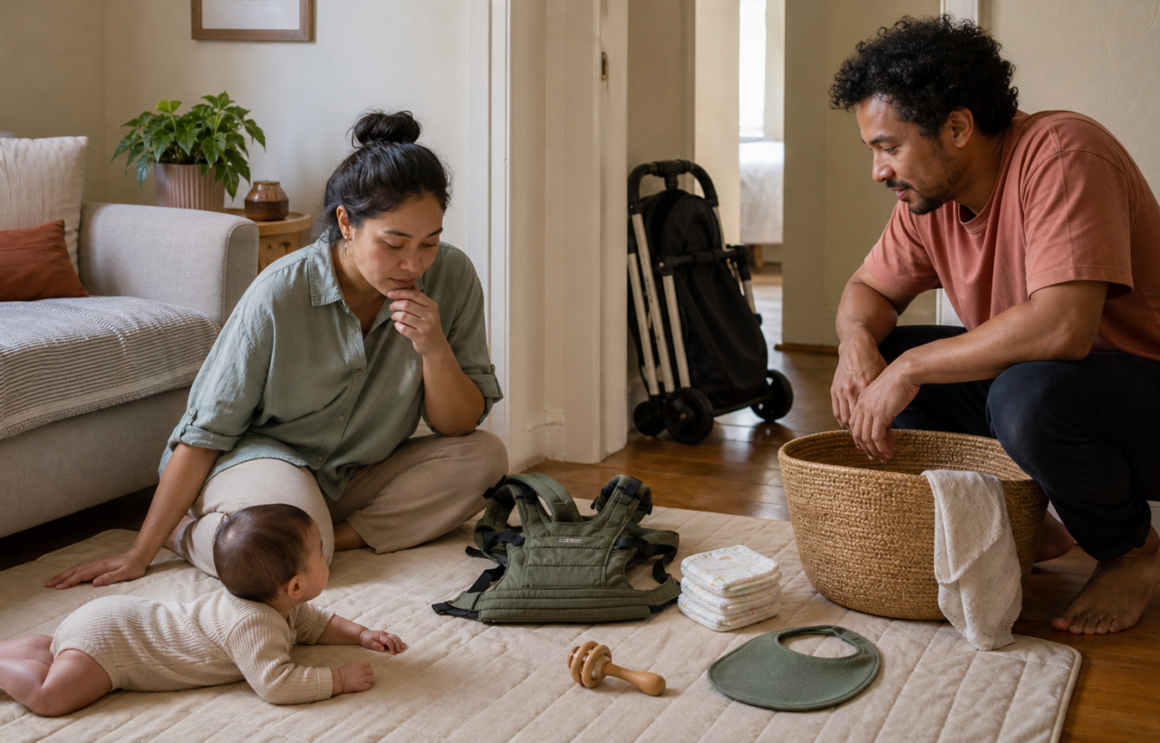 Two parents consider a small selection of baby gear while their baby lies safely on a mat in a compact living room.