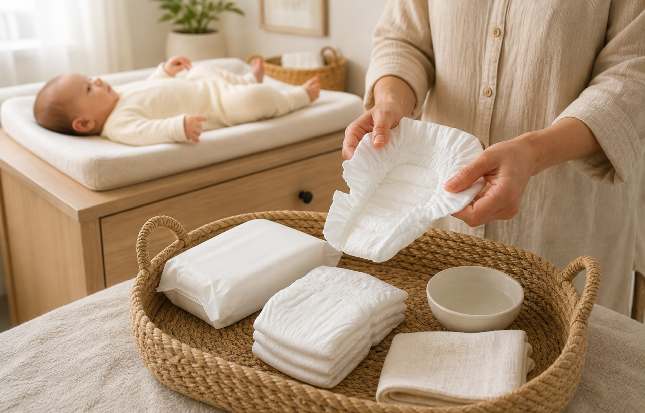 A parent holds open a plain diaper beside unbranded wipes while a baby in a cream bodysuit rests on a changing mat.